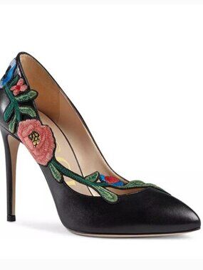 Gucci Ophelia Embroidered Heel Pumps Black 38